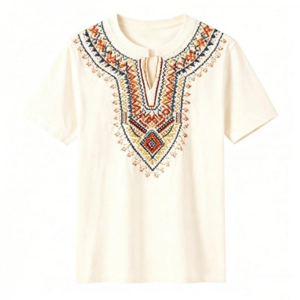 Colorful Geometric Embroidered Collar Off-White T-Shirt