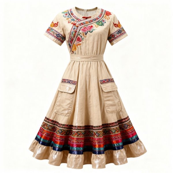 Beige Ethnic Embroidered Dress with Multicolor Trim