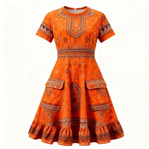 Orange Ethnic Pattern Dress with Embroidered Pockets and Waistband