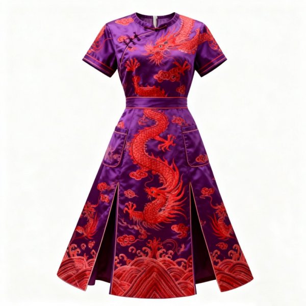 Purple Chinese Dragon Embroidered Qipao Dress with Mandarin Collar