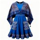 Blue Dress with Ethnic Print Cape and Smocked Waist