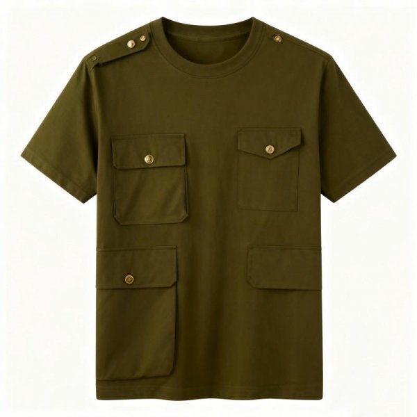 Military Green Multi-Pocket Cargo T-Shirt with Epaulets