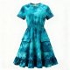 Teal Blue Tie-Dye Dress with Ruffled Hem and Pockets