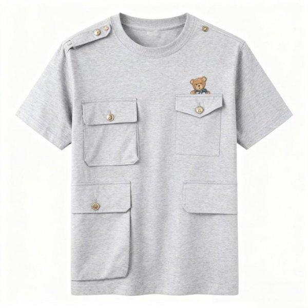 Gray Multi-Pocket Cargo T-Shirt with Cartoon Bear Print