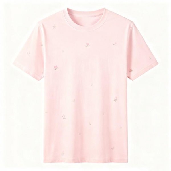 Pink T-Shirt with All-Over Small Floral Pattern