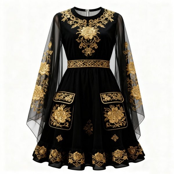 Black Dress with Gold Embroidery and Sheer Sleeves