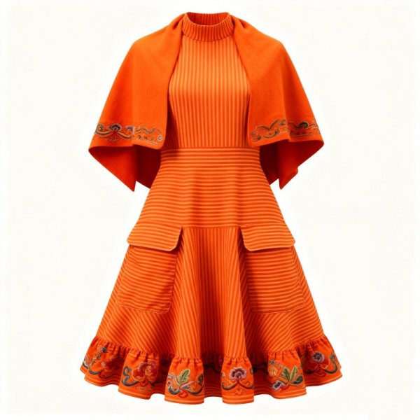 Orange Striped Dress with Embroidered Cape and Turtleneck