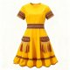 Yellow Dress with Ethnic Pattern Trim and Fringed Pockets