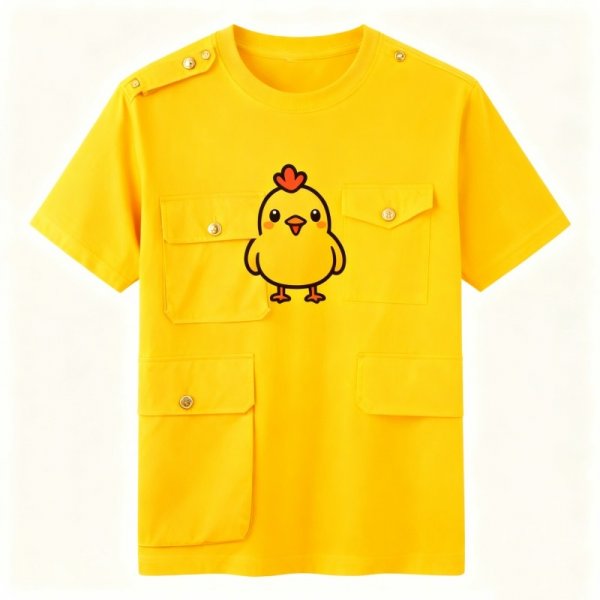 Yellow Multi-Pocket Cargo T-Shirt with Cartoon Chicken Print