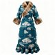 Teal Cloud Print Faux Fur Collar Winter Dress