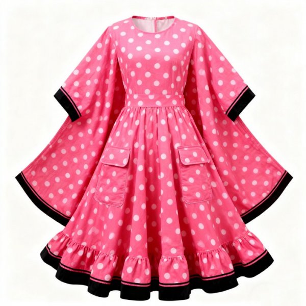 Pink Polka Dot Swing Dress with Black Trim & Bell Sleeves
