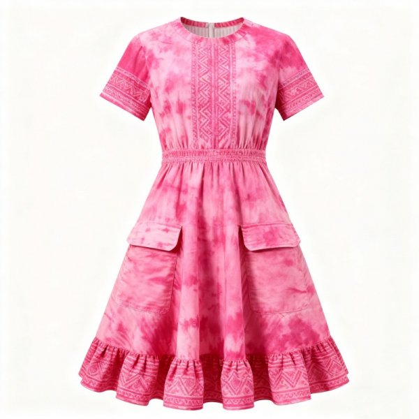 Pink Tie-Dye Dress with Patterned Trim and Pockets