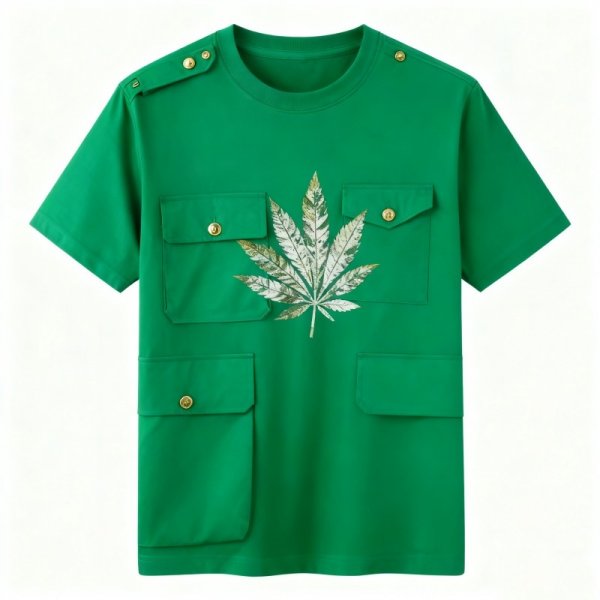 Green Multi-Pocket Cargo T-Shirt with Leaf Print