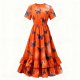 Orange Tie-Dye Butterfly Print Tiered Ruffle Dress