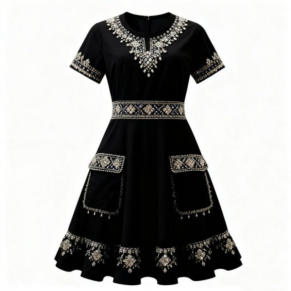 Black Dress with Silver Rhinestone Detailing and Pockets