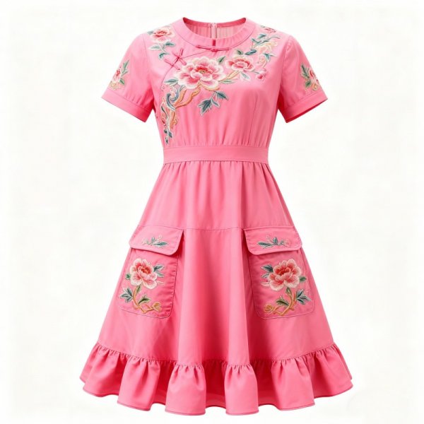 Pink Dress with Floral Embroidery and Ruffled Hem