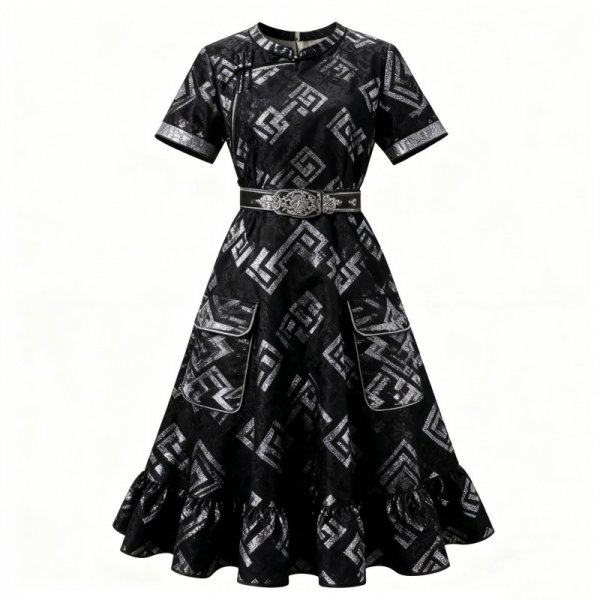 Black Geometric Pattern Brocade Dress with Metallic Belt