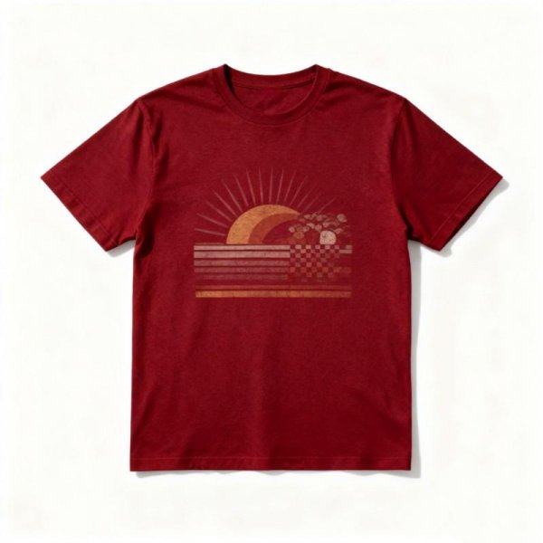 Burgundy Vintage Sunset & Geometric Pattern Print T-Shirt