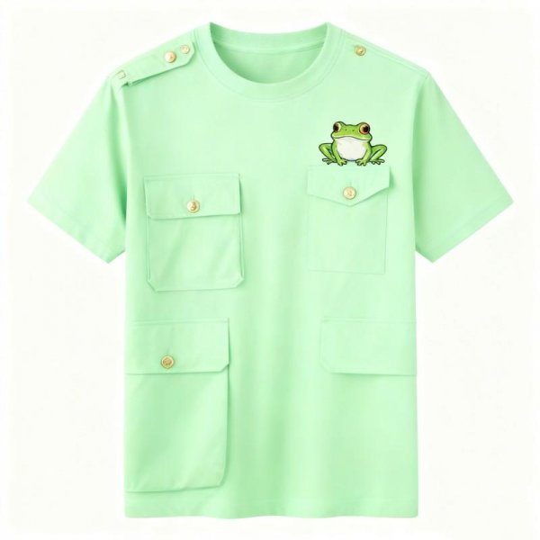 Light Green Multi-Pocket Cargo T-Shirt with Cartoon Frog Print