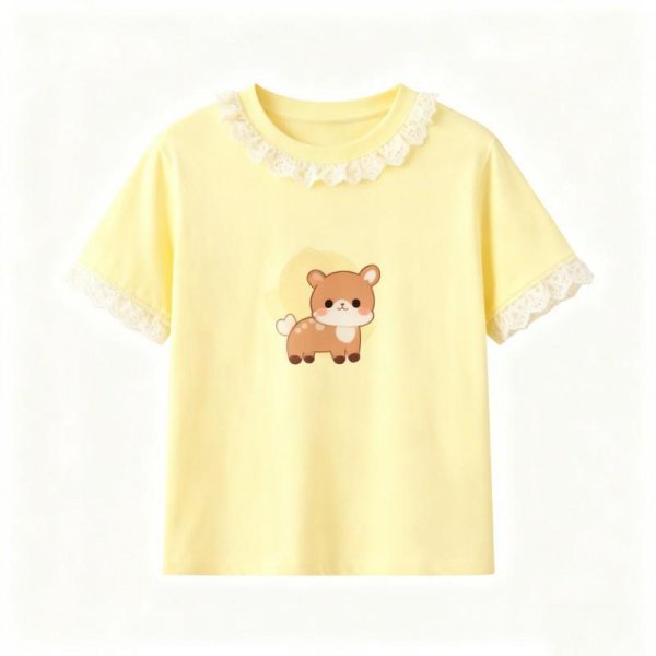 Yellow T-Shirt with White Lace Trim and Cartoon Deer Print