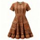 Brown Tribal Print Dress with Embroidered Accents and Pockets