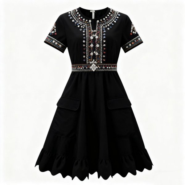 Black Dress with Multicolor Rhinestone Embellishments and Pockets