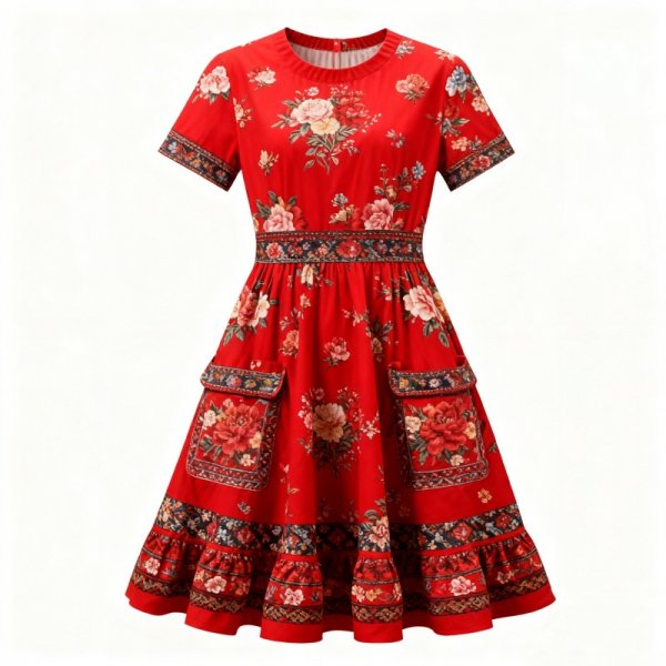 Red Floral Print Dress with Embroidered Pockets and Waistband