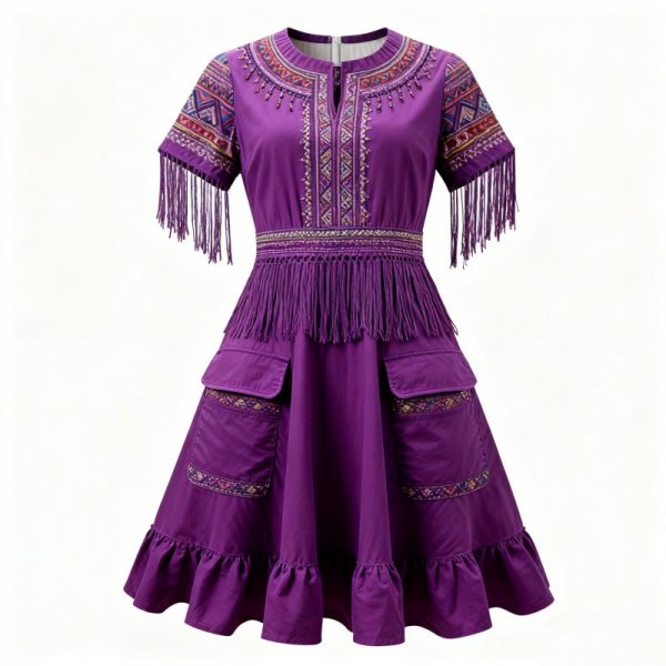 Purple Ethnic Dress with Fringe Details and Embroidery