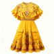 Yellow Floral Print Dress with Ruffled Cape Sleeves