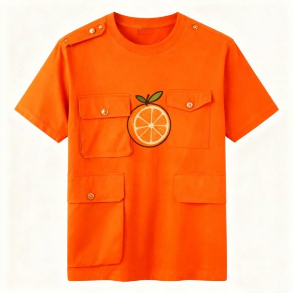 Orange Multi-Pocket Cargo T-Shirt with Orange Slice Print